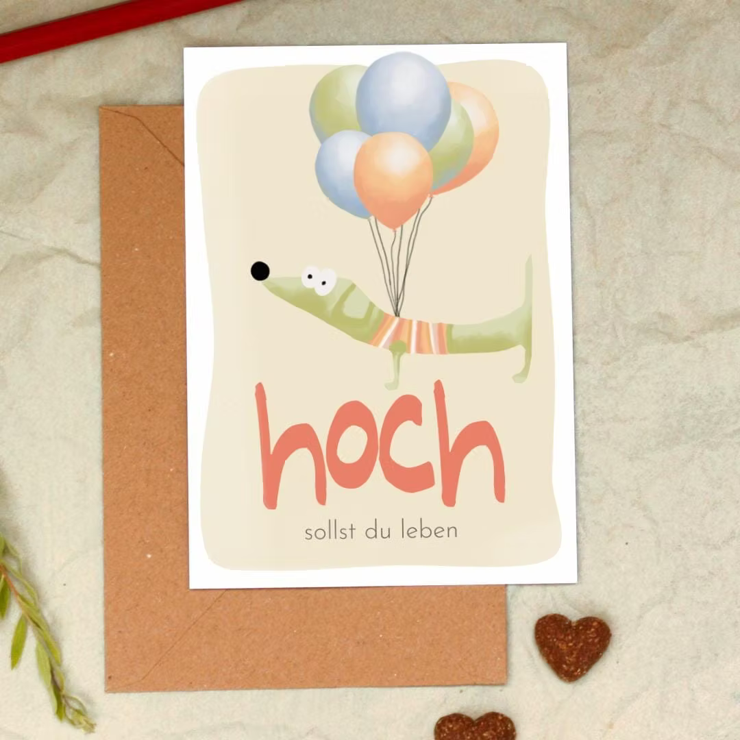 PFOTENALBUM – Biglietto d'auguri "Hoch sollst du leben" con motivo bassotto