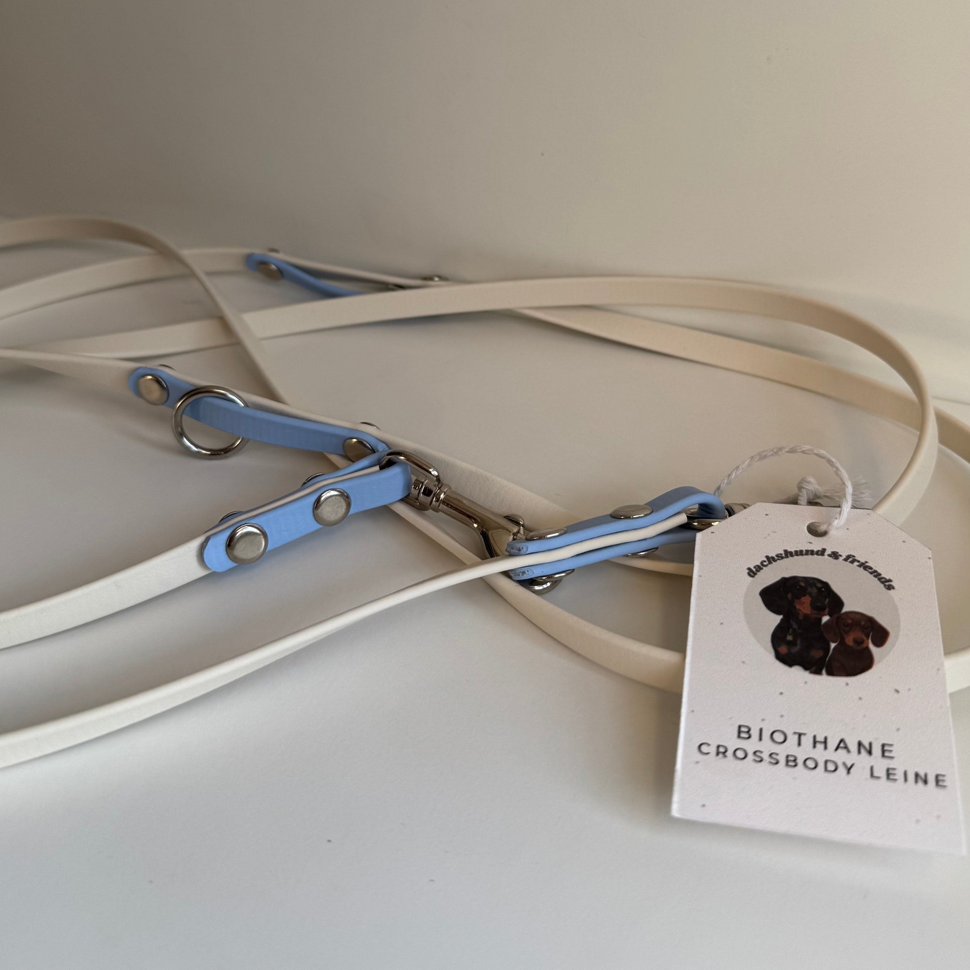DACHSHUND & FRIENDS – BioThane® Leine (Creme/Blau – 9mm, Crossbody 2,40m) - OSSO BLU