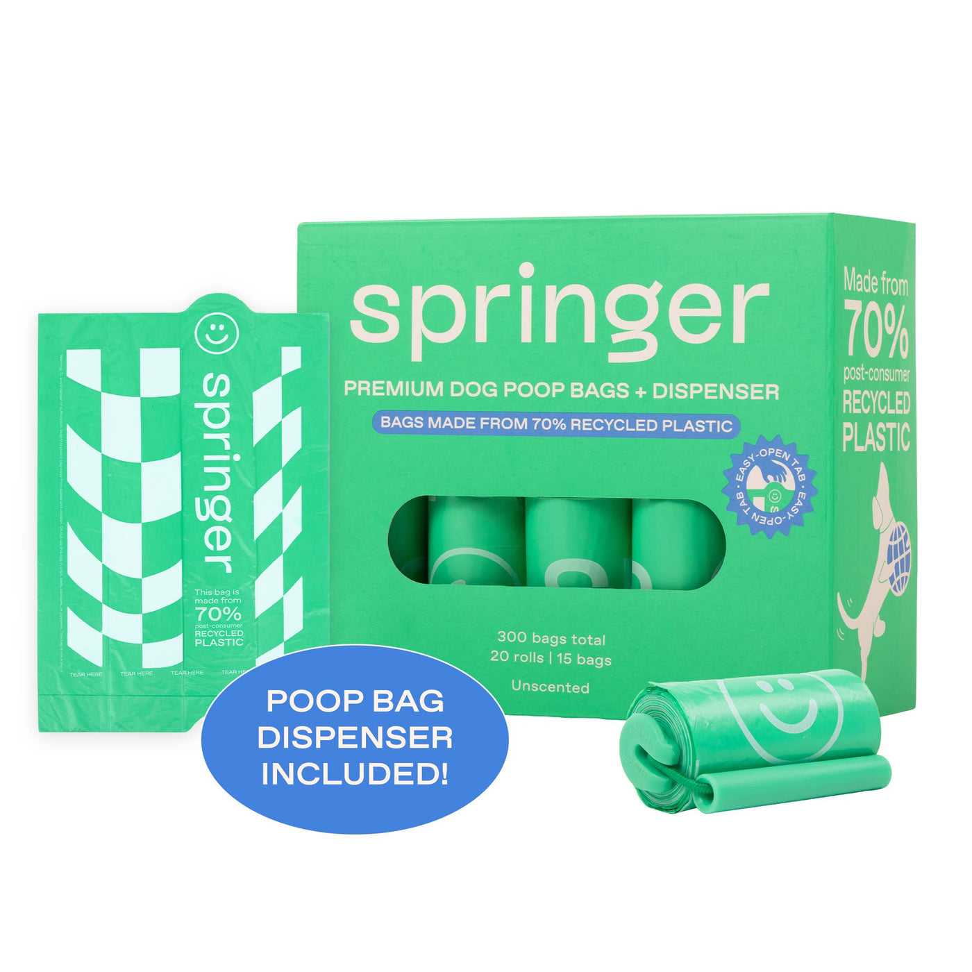SPRINGLAND PETS - Set di sacchetti igienici premium per cani (300 sacchetti | 20 rotoli con dispenser)